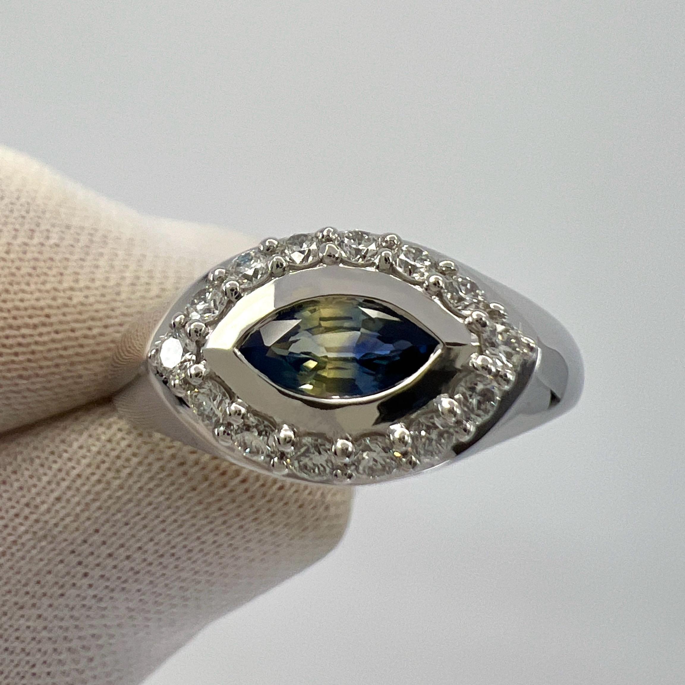 Bi Colour Blue Yellow Marquise Sapphire And Diamond 18k White Gold Signet Ring For Sale 1