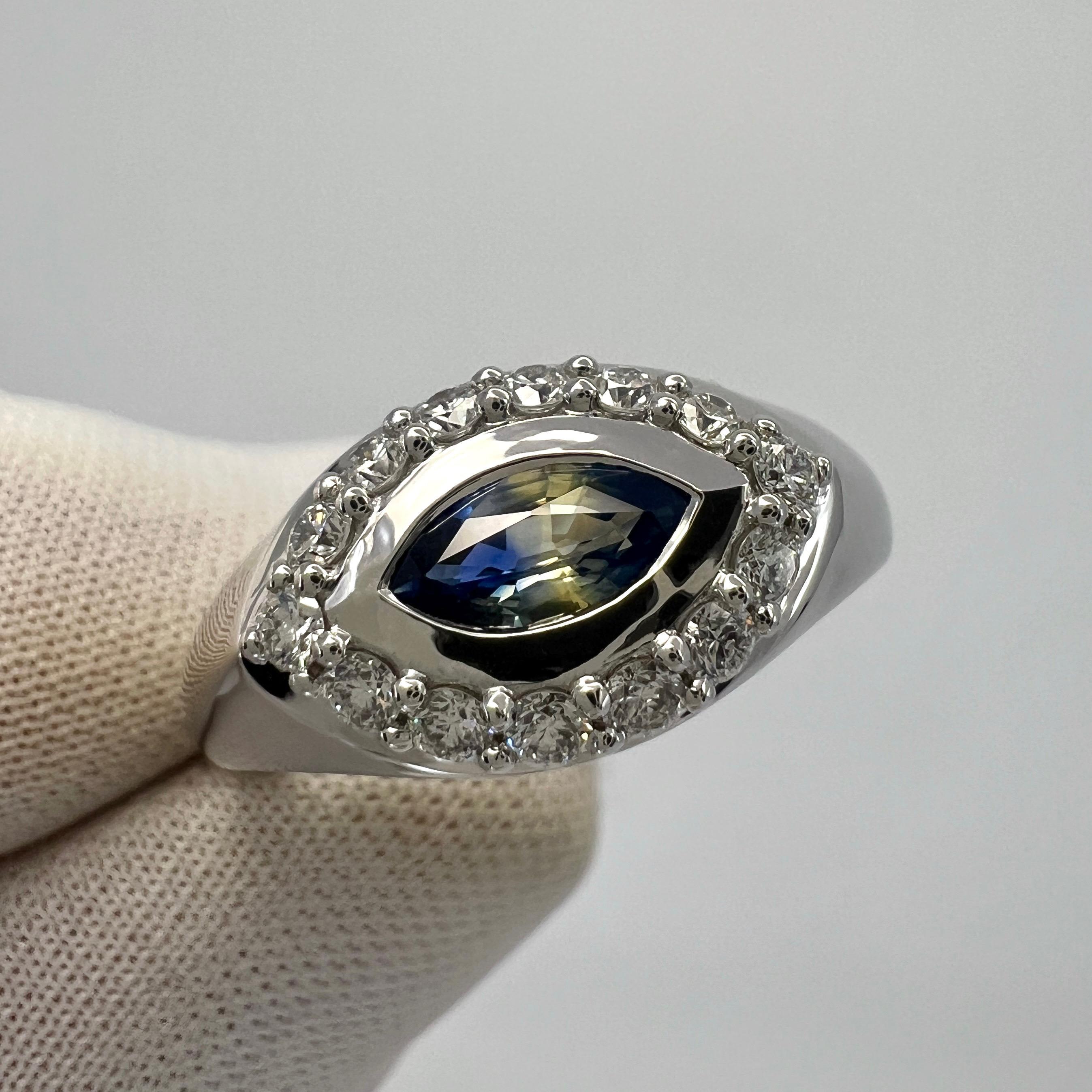 Bi Colour Blue Yellow Marquise Sapphire And Diamond 18k White Gold Signet Ring For Sale 3