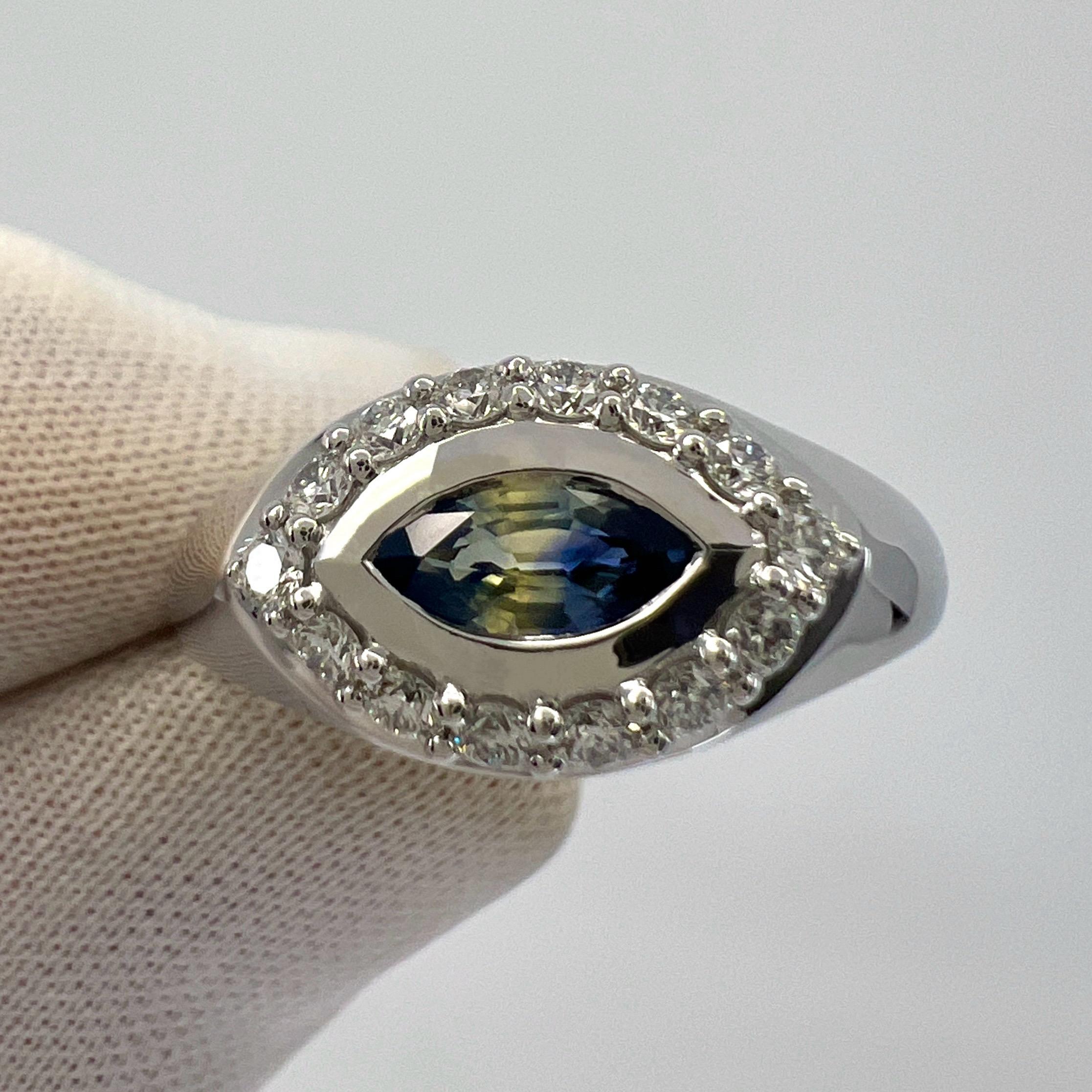 Bi Colour Blue Yellow Marquise Sapphire And Diamond 18k White Gold Signet Ring For Sale 4