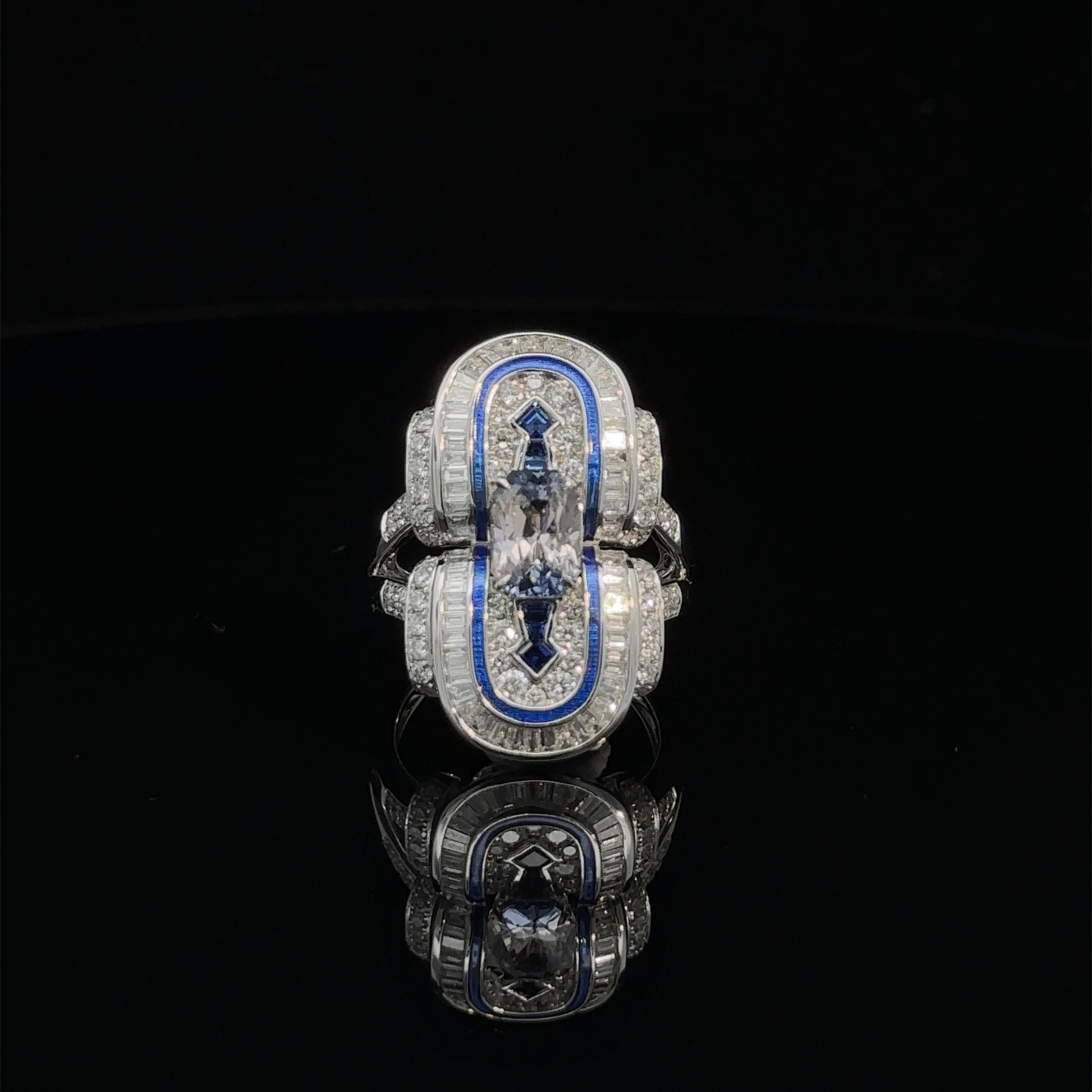 Art Deco Boucheron inspired Art deco Sapphire Diamond Cocktail Ring, Made to Order For Sale