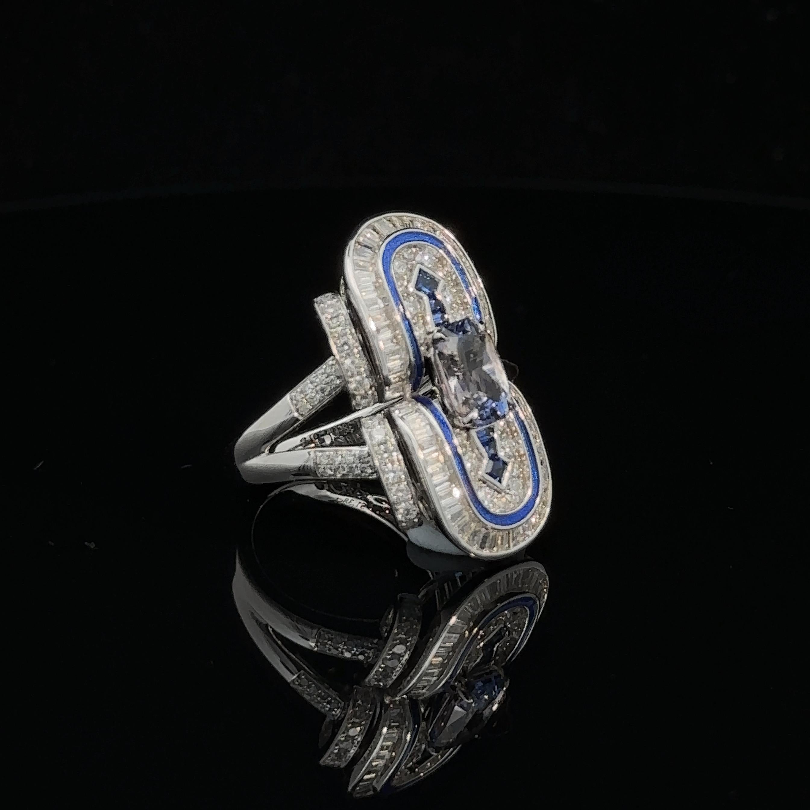Tapered Baguette Boucheron inspired Art deco Sapphire Diamond Cocktail Ring, Made to Order For Sale