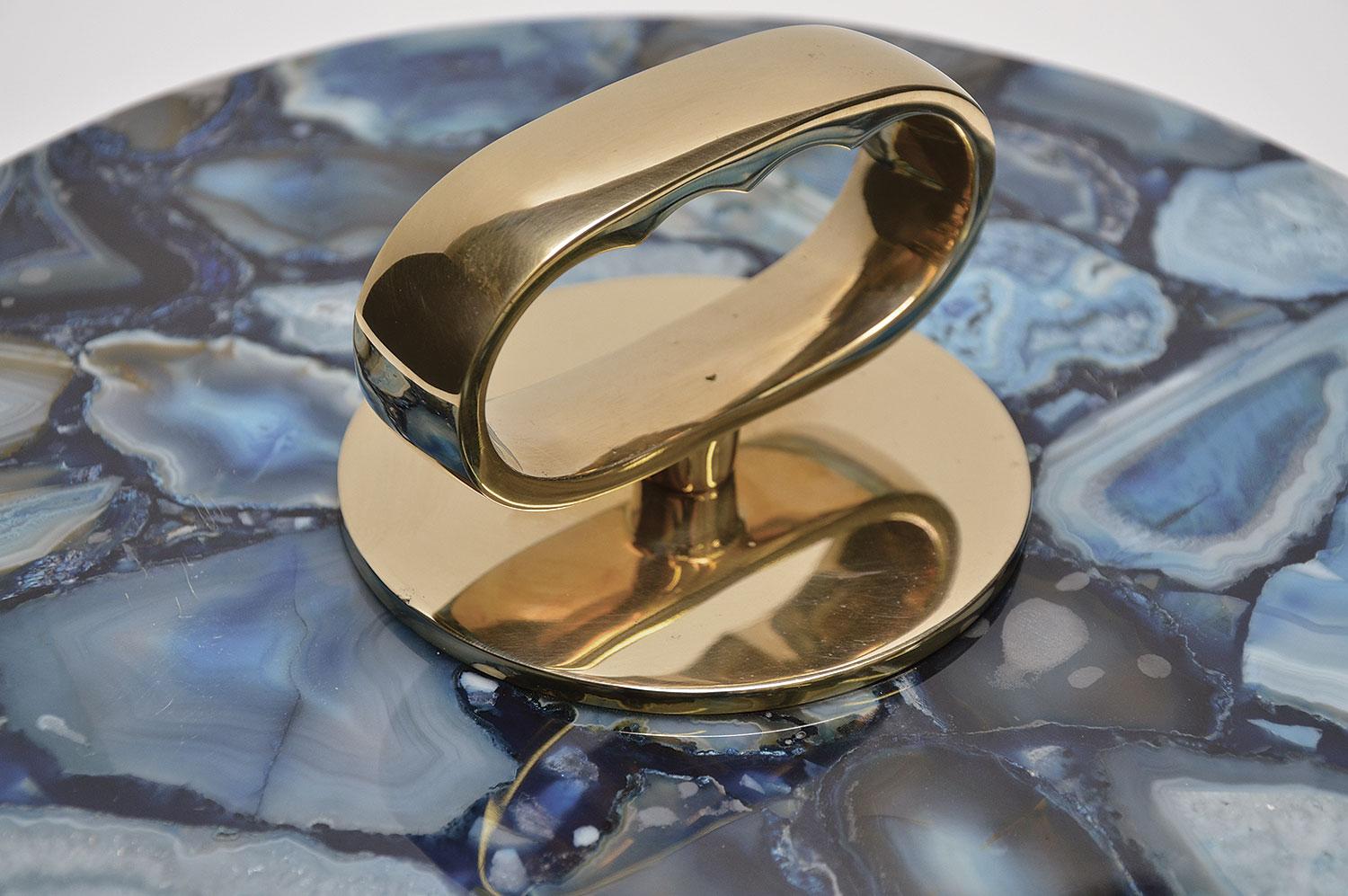Modern Bi-Level Blue Agate and Polished Brass Cocktail Side Table