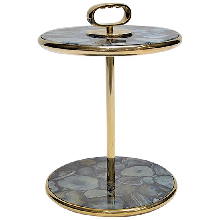 Bi-Level Blue Agate and Polished Brass Cocktail Side Table