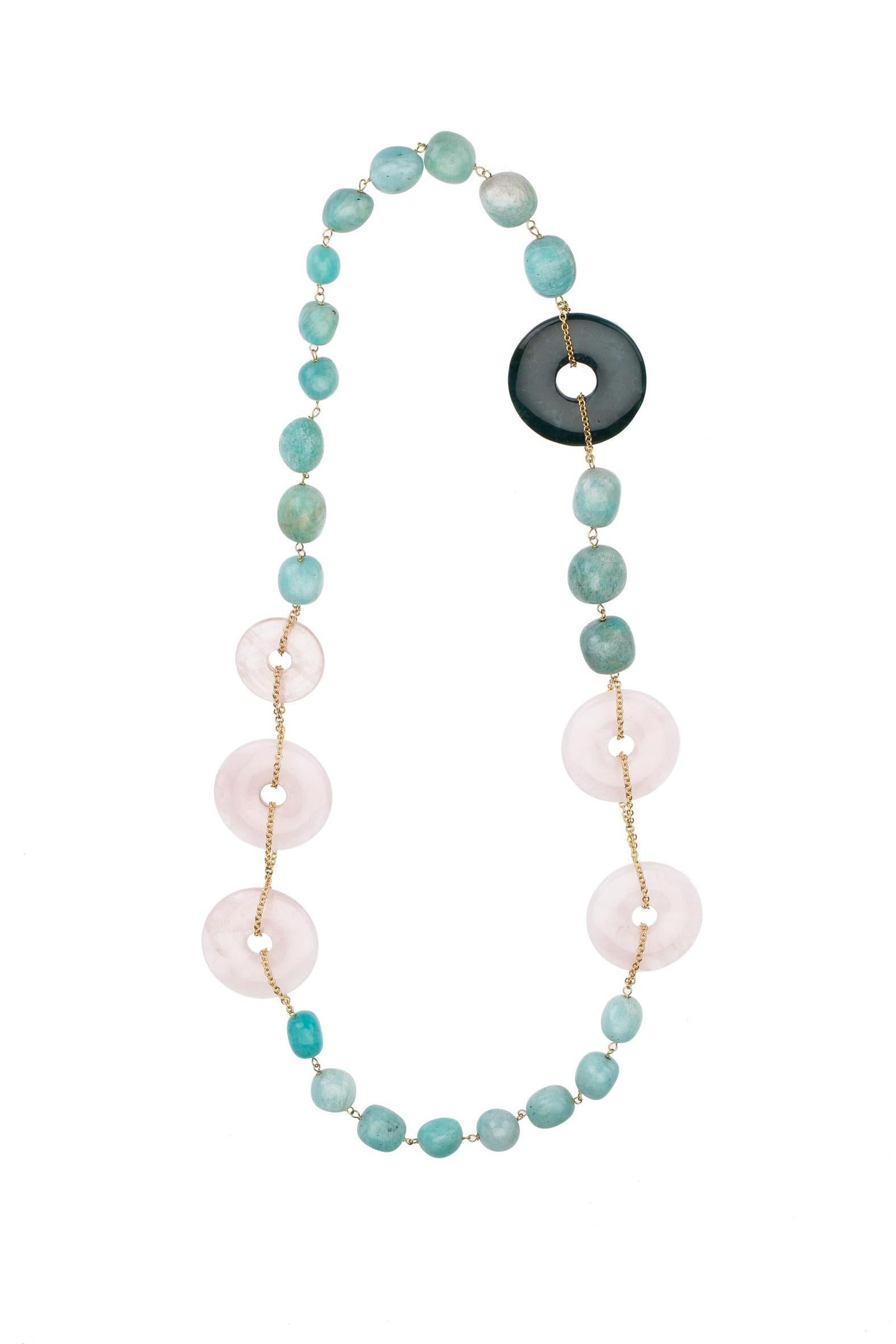 Women's or Men's Bi Long Necklace Rose Quartz Amazonite For Sale