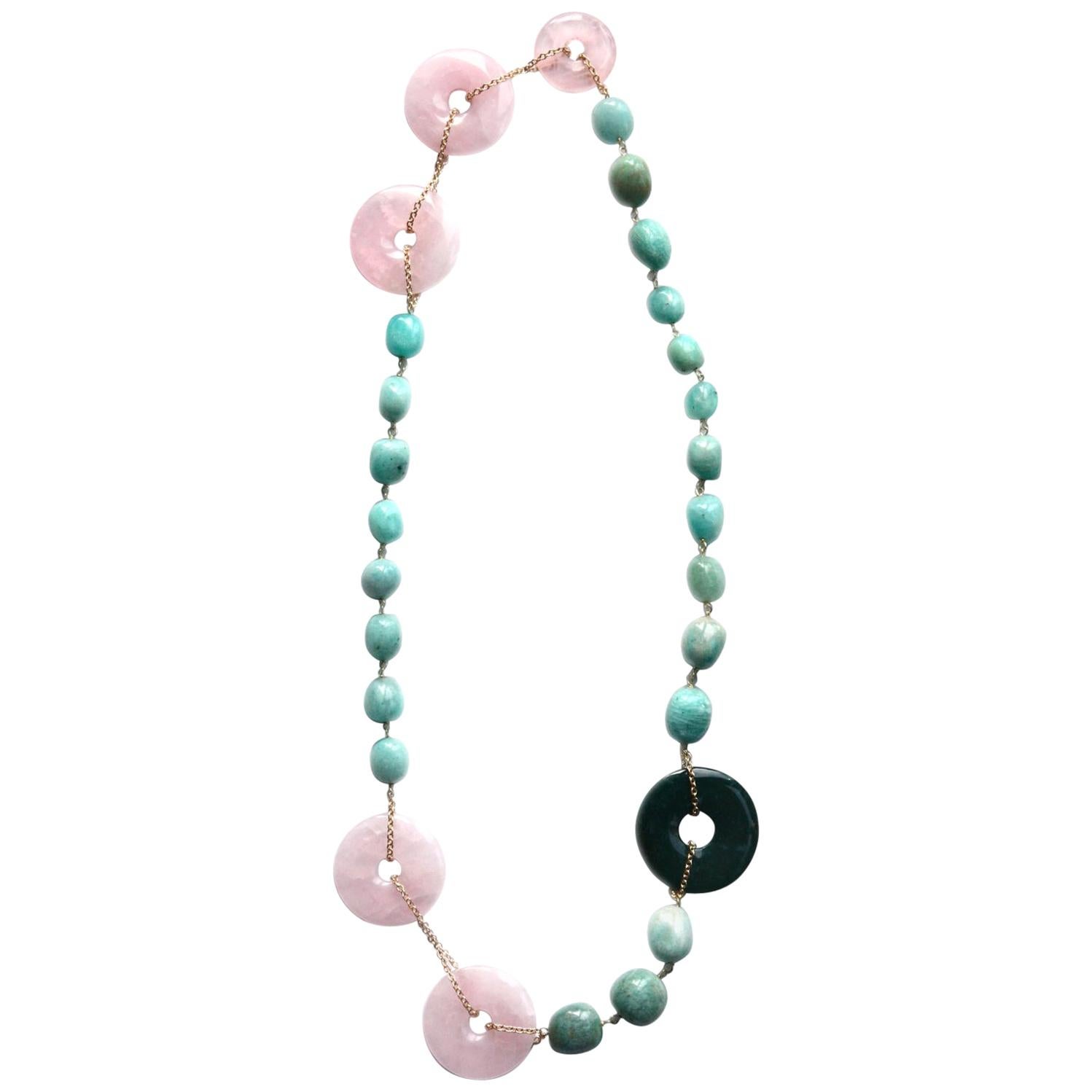 Bi Long Necklace Rose Quartz Amazonite For Sale