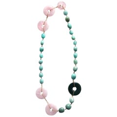 Collier bi long en quartz rose et amazonite