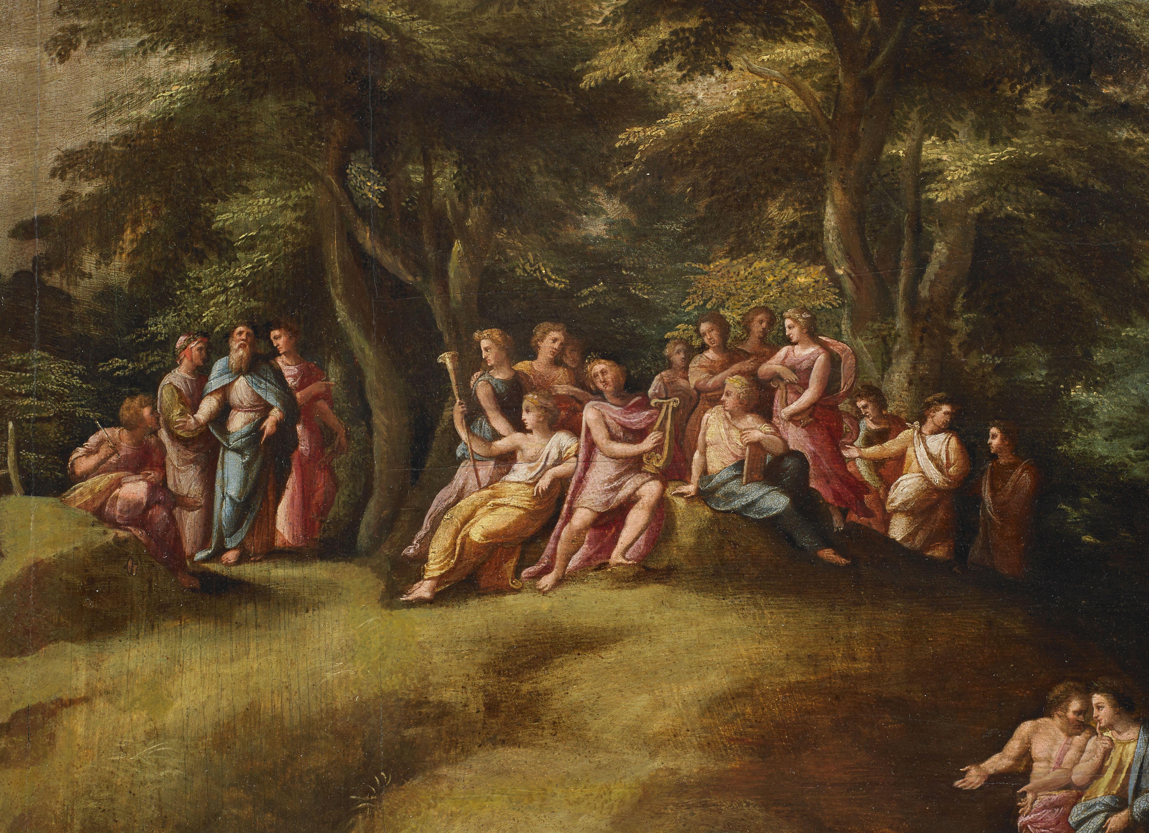 16th Century Parnassus Biagio Pupini called Biagio delle Lame Muses Oil on Panel For Sale 1