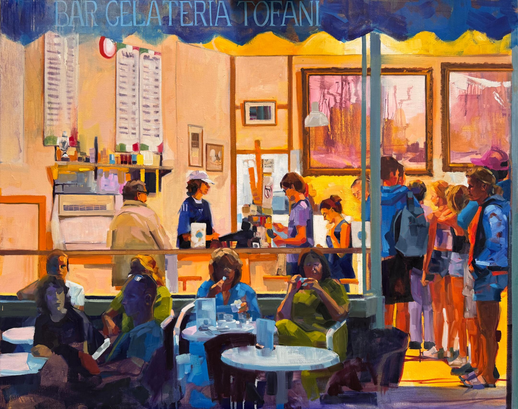 Bianca Berends Landscape Painting - Eating Ice Cream - 21st Century Contemporary Oil Painting of a Busy Shop