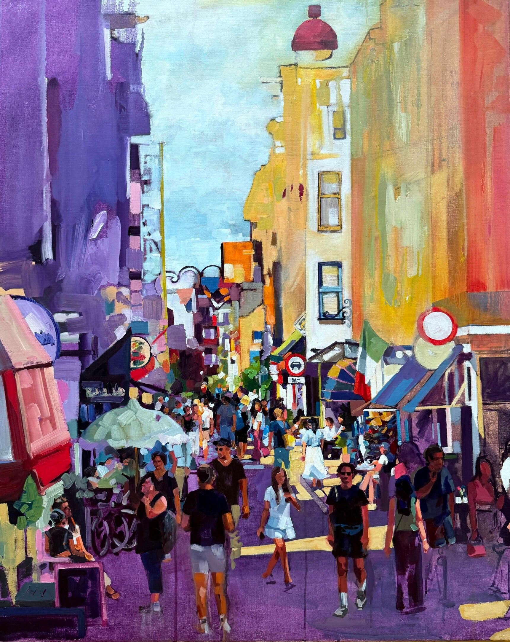 Bianca Berends Figurative Painting - Sunny Strolling Street - 21st Century Contemporary Oil Painting of a Busy Street
