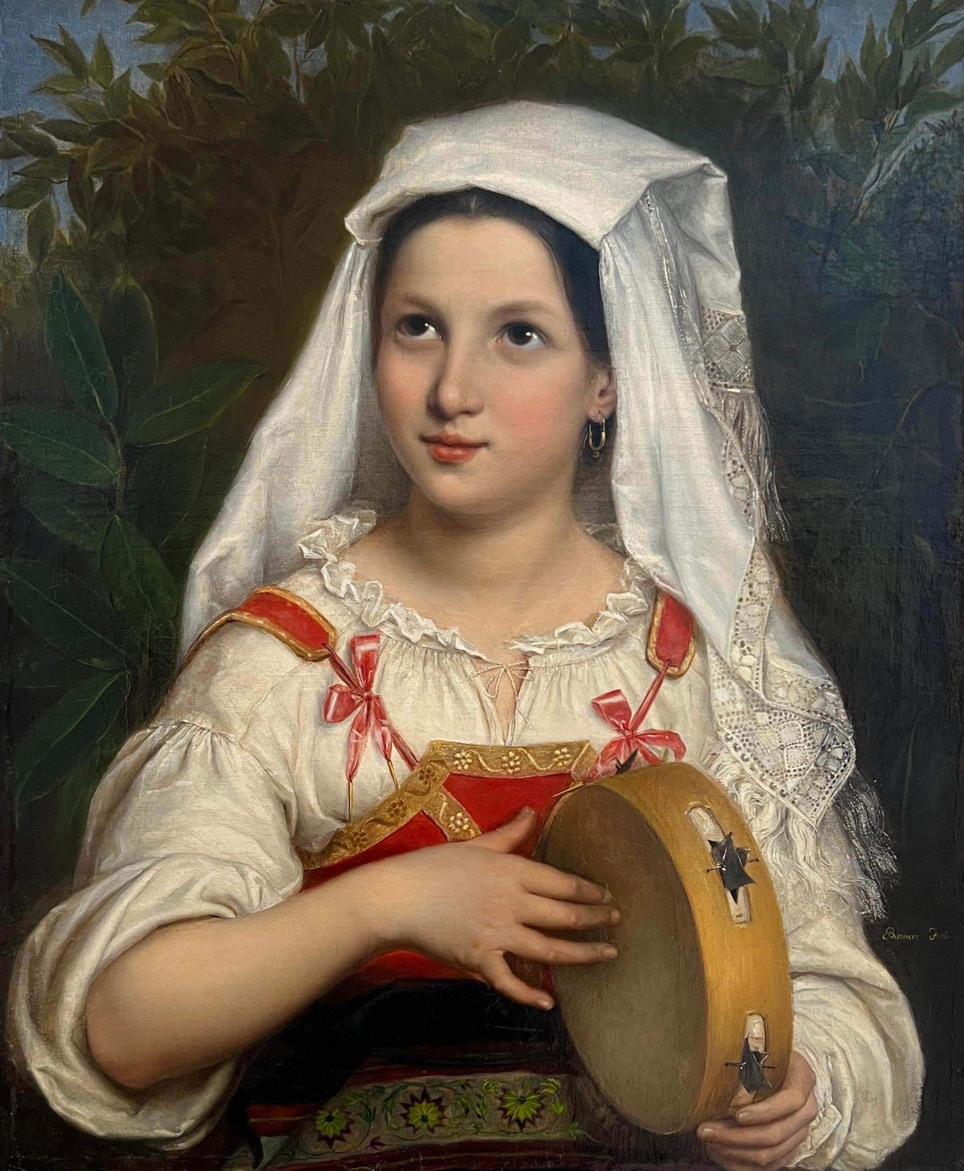 Young Italian woman in traditional dress holding a tambourine