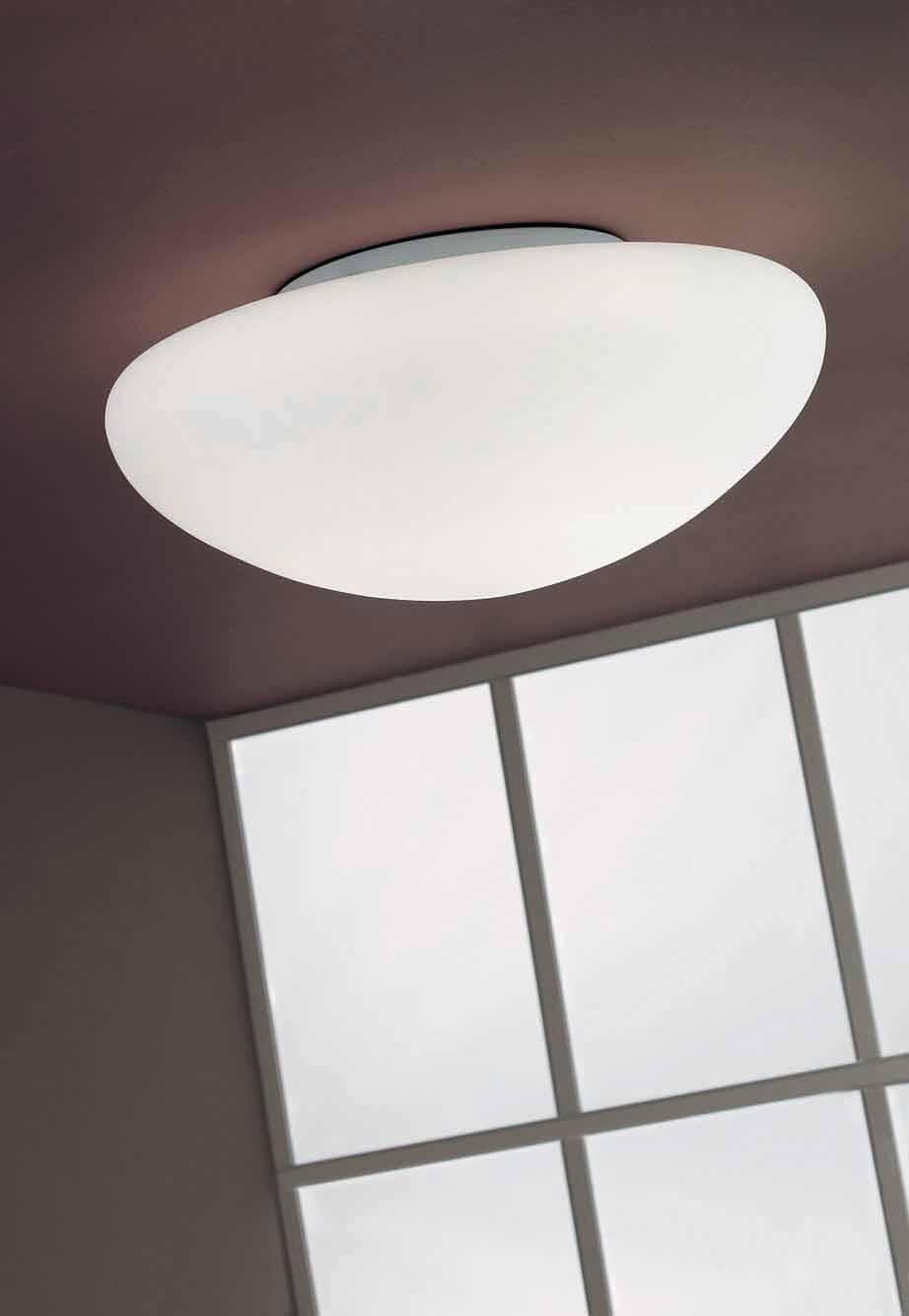 Glass ceiling sconce with round, stone-shaped satin white surface. Metal parts in satin nickel finish. E26 lighting.