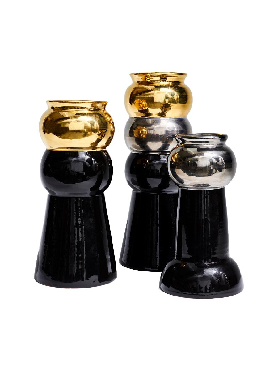 Its elegant form and fashionable mix of metallics and monochromes makes Bianca one of the stars of Greg Natale’s ceramics collection, which evokes the style and flamboyance of Studio 54 and its famous guests.

Bianca is available with a black or
