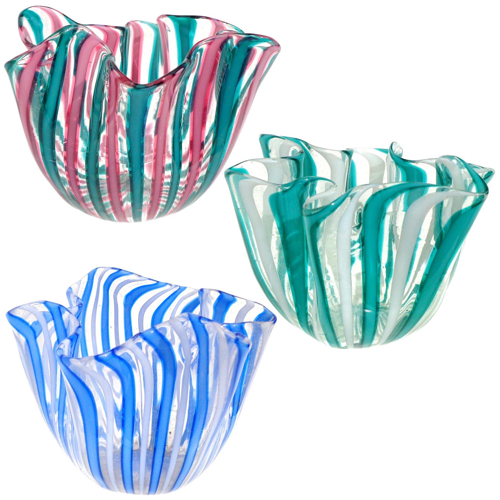 Bianconi Venini Murano Filigrana Stripes Italian Art Glass Fazzoletto