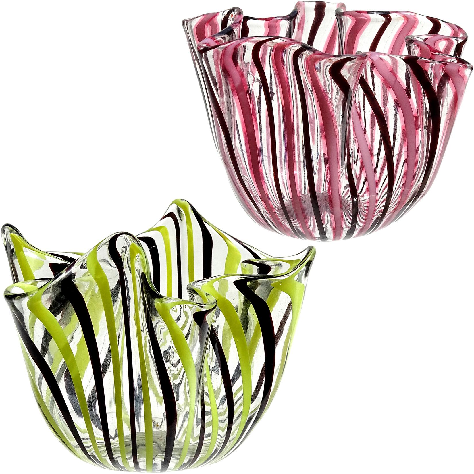 Bianconi Venini Murano Filigrana Stripes Italian Art Glass Fazzoletto Vases