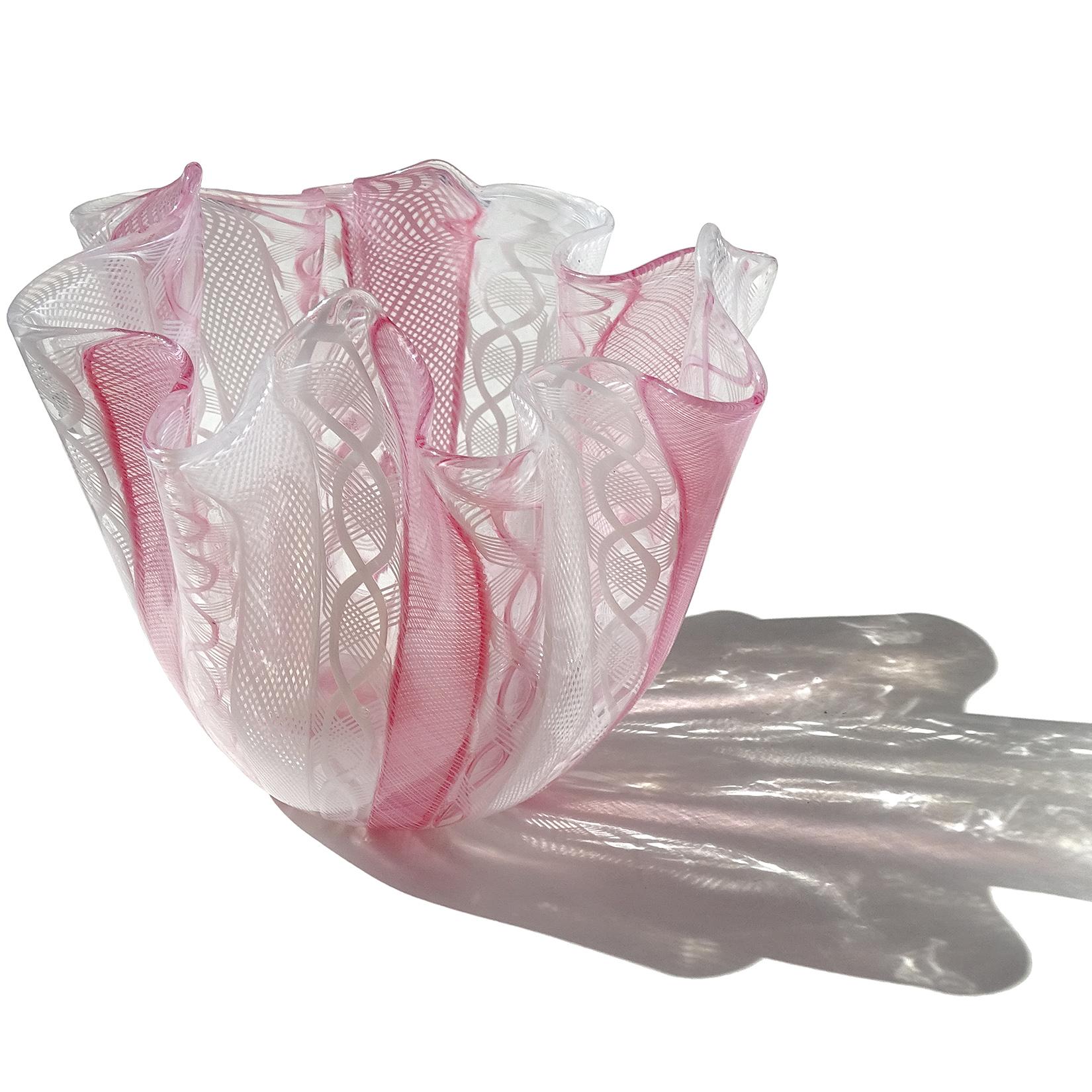 Beautiful vintage Murano hand blown pink and white zanfirico ribbons Italian art glass fazzoletto vase. Documented to Paolo Venini and Fulvio Bianconi. Has 4 different alternating ribbon designs, which is unusual to find. Was likely signed, but with