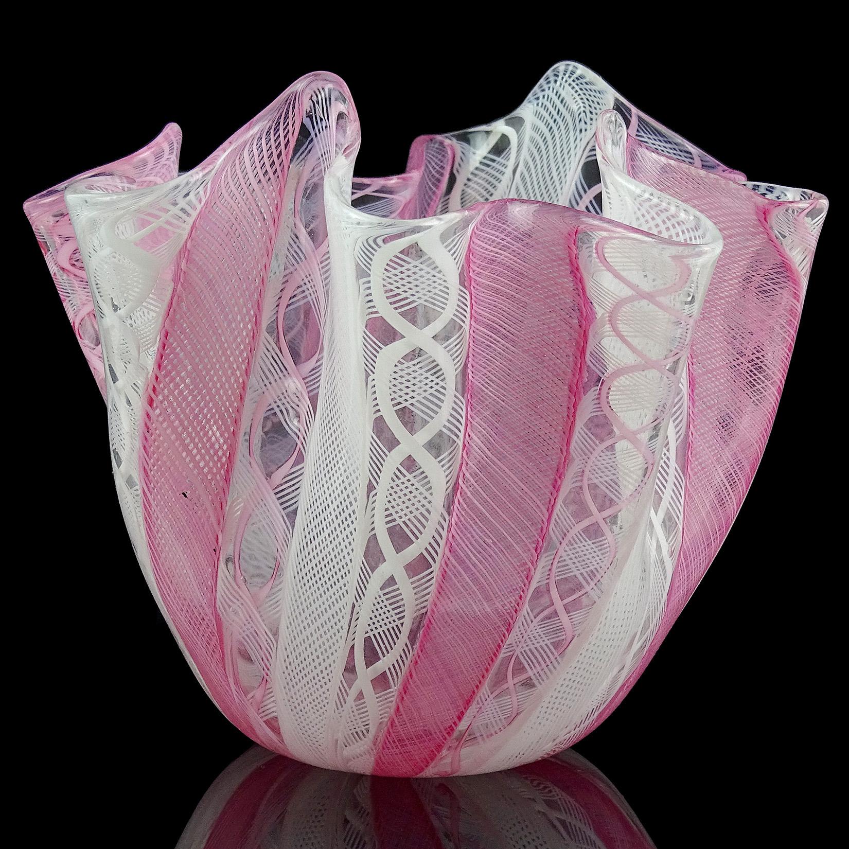 Mid-Century Modern Bianconi Venini Murano Pink White Italian Art Glass Fazzoletto Handkerchief Vase