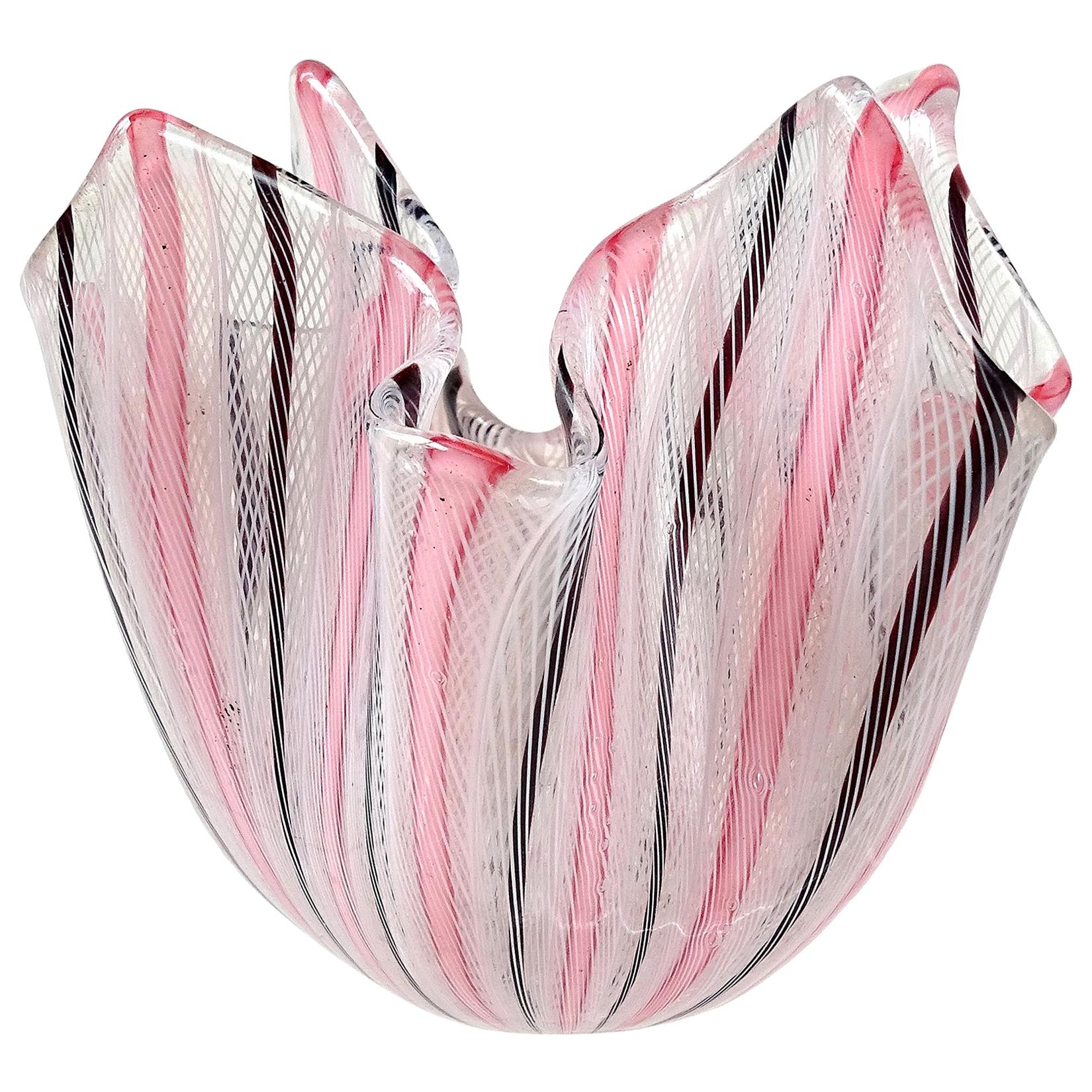 Bianconi Venini Murano Pink White Italian Art Glass Fazzoletto Handkerchief Vase