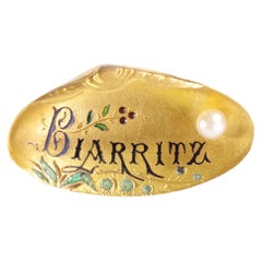 Antique Biarritz Art Nouveau Brooch, Brooch Shell Enamel, City of Biarritz