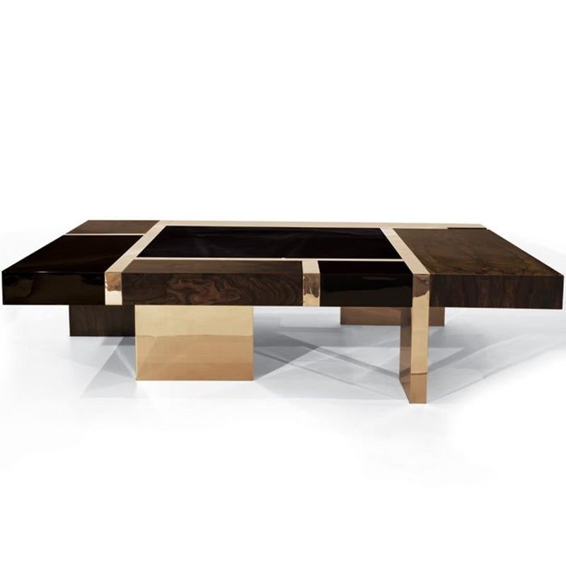 Biarritz-Couchtisch:  Maßgefertigter Tisch aus Edelstahl, Bronze und Holz (Moderne) im Angebot