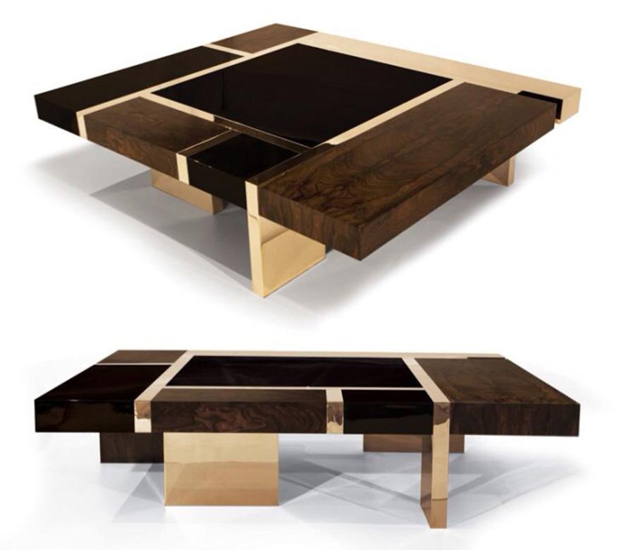 Européen Table basse Biarritz :  Table sur mesure en acier inoxydable, bronze et bois en vente