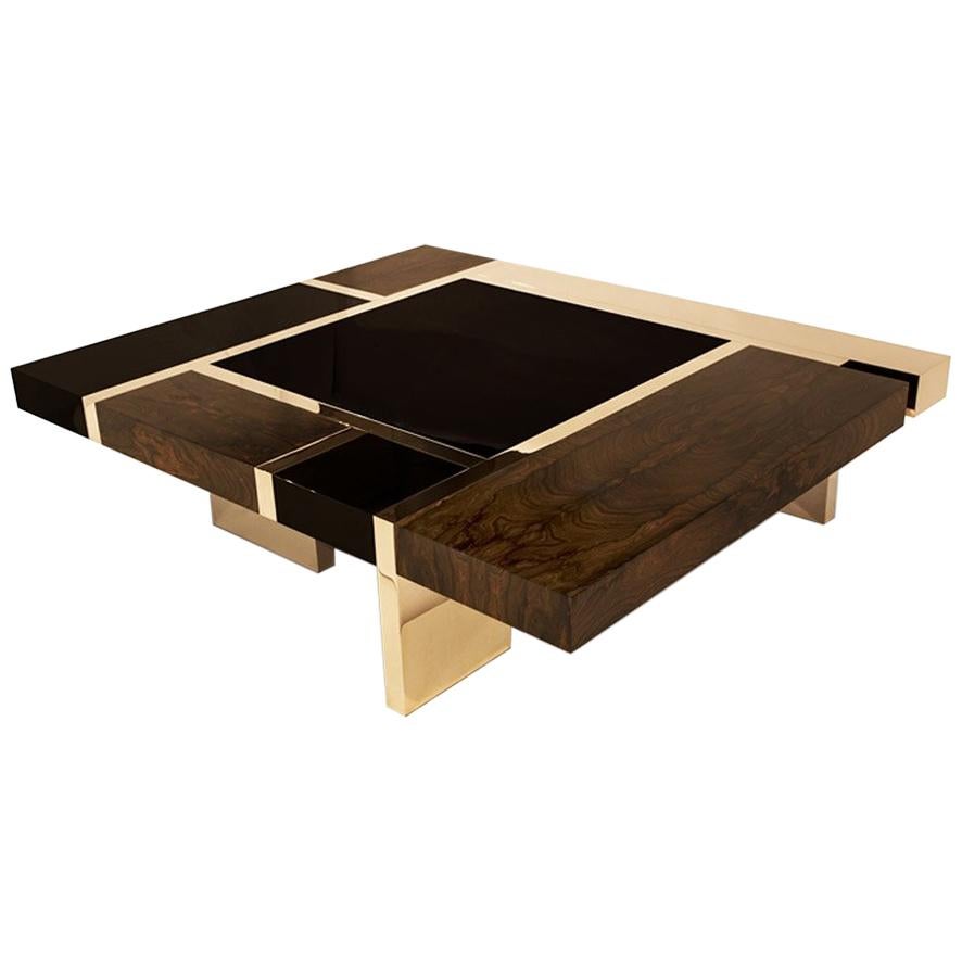 Table basse Biarritz :  Table sur mesure en acier inoxydable, bronze et bois en vente