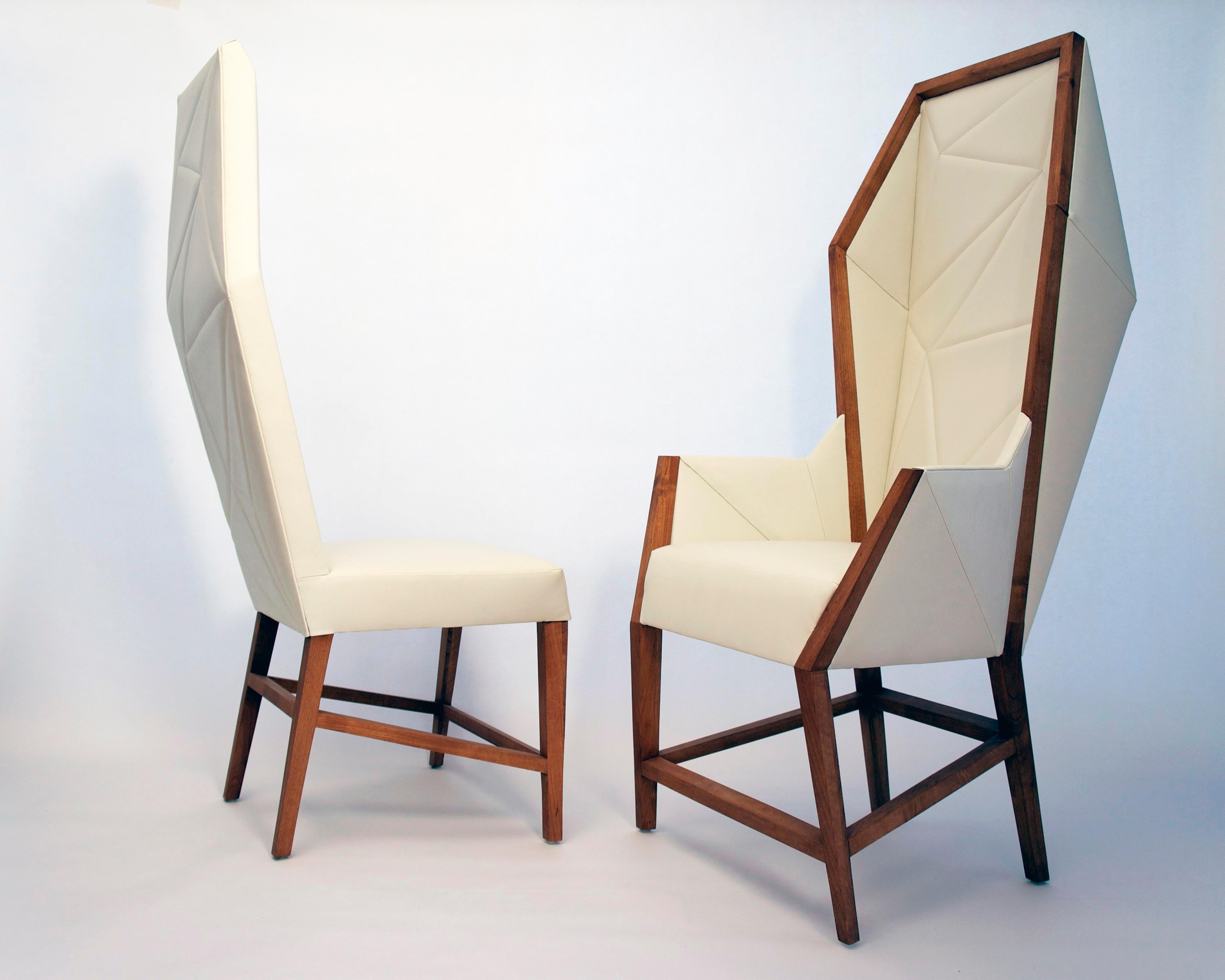 Modern Bias Dining High Back Chair, Faceted Contemporary Design with Exposed Wood Frame For Sale
