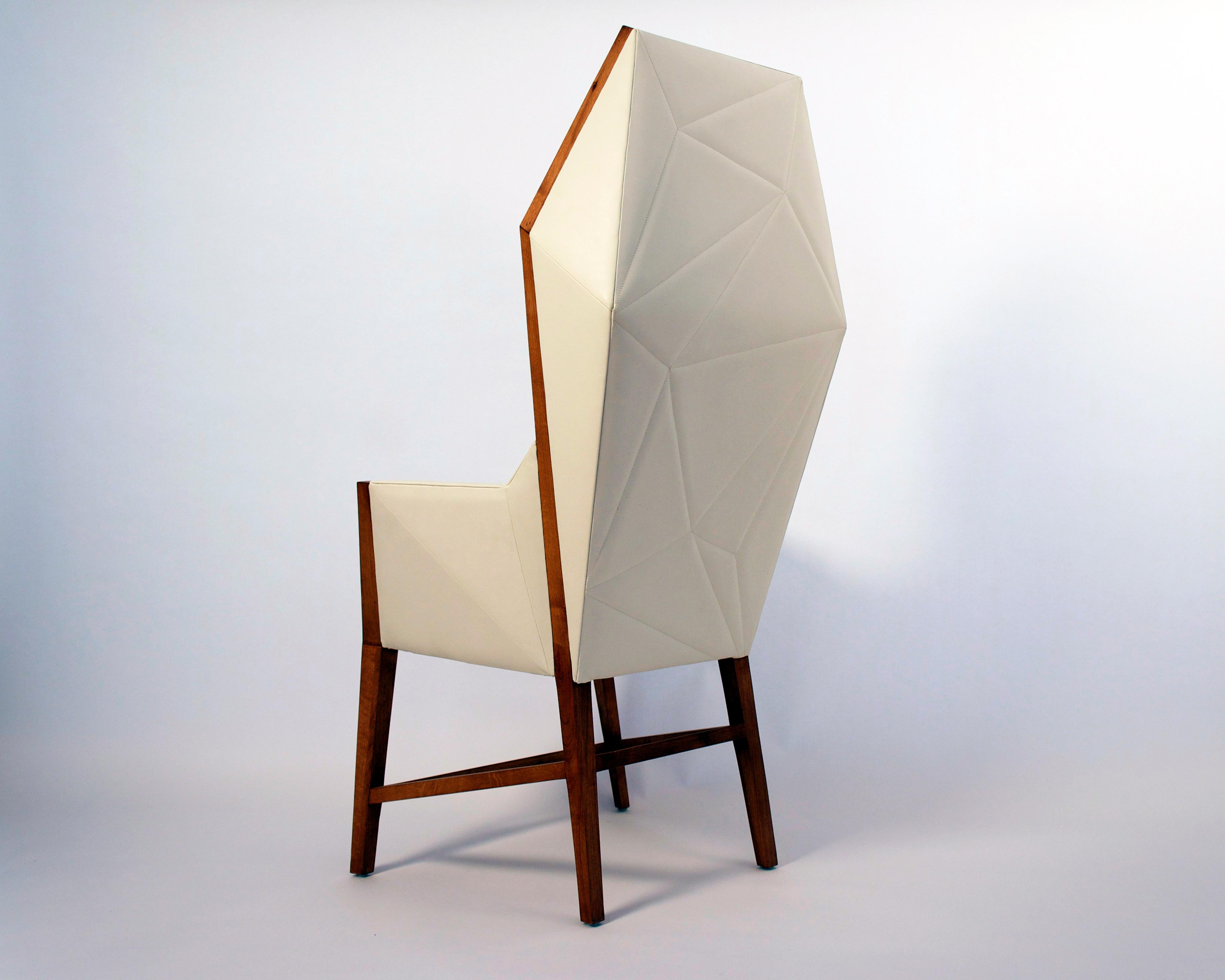Modern Bias Hooded Dining Host Chair, Inspired by Louis XV Sentry, Faceted Wood Frame For Sale