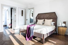 Bias Hooded King Bed Faceted Paneling, Ebonized Limed Oak with Holly Hunt Velvet