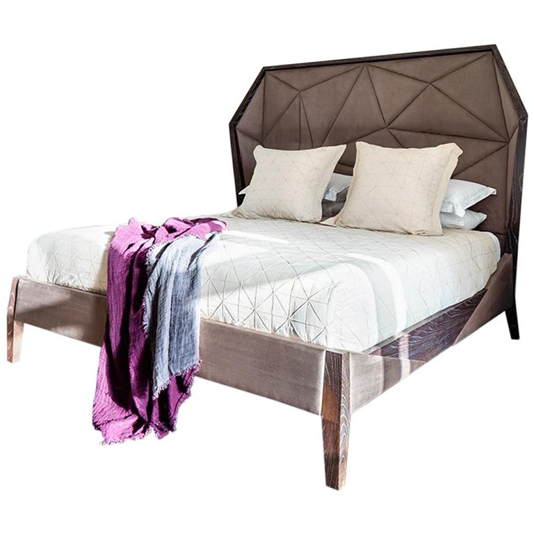 Bias Hooded King Bed Faceted Paneling, Ebonized Limed Oak with Holly Hunt Velvet For Sale