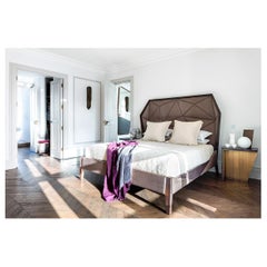 Bias Hooded KingBed Faceted Paneling, Limed Espresso Oak Holly Hunt Taupe Velvet