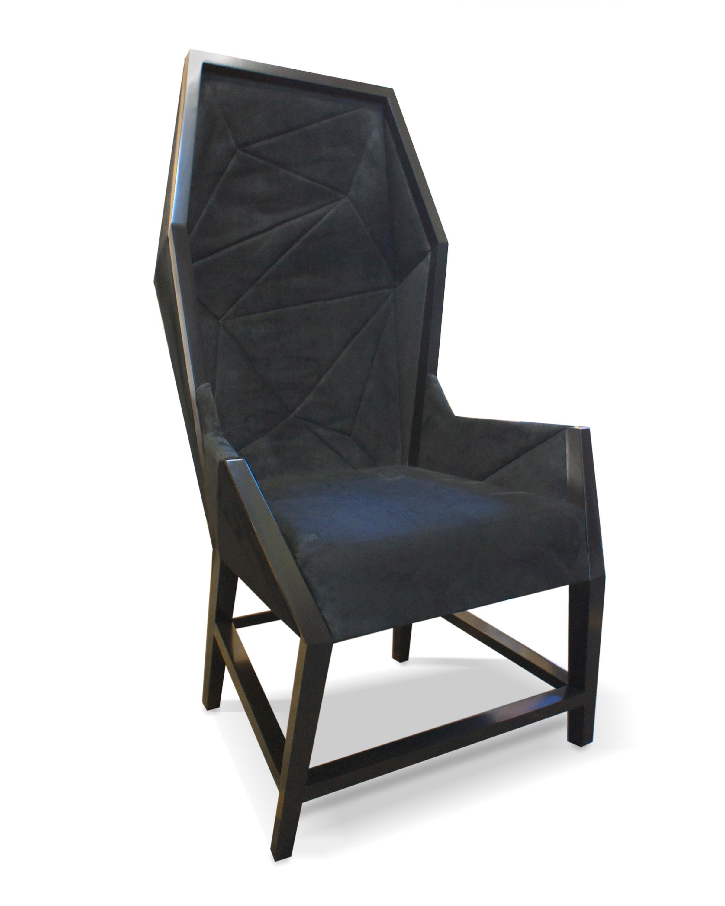 Contemporary Bias Hooded Lounge Chair, Faceted Wingback Inspired by Louis XV Sentry For Sale