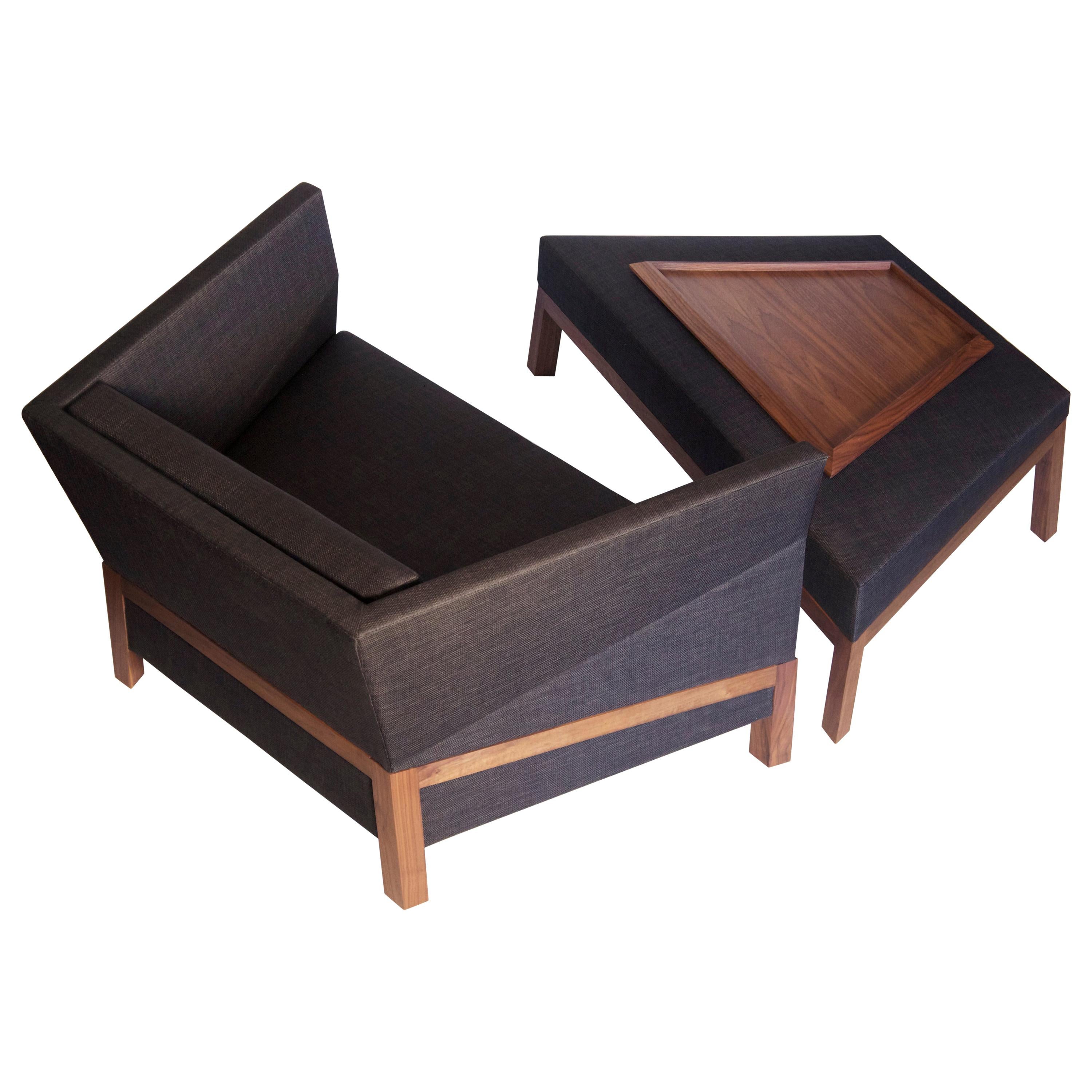 Bias Ottoman to Match Lounge with Tray in Walnut, Faceted Upholstered Sofa Table For Sale