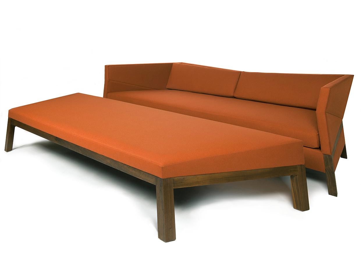 Modern Bias Ottoman & Trays 2 Match Sofa, Faceted Upholstered Sofa Table, Walnut Frame For Sale