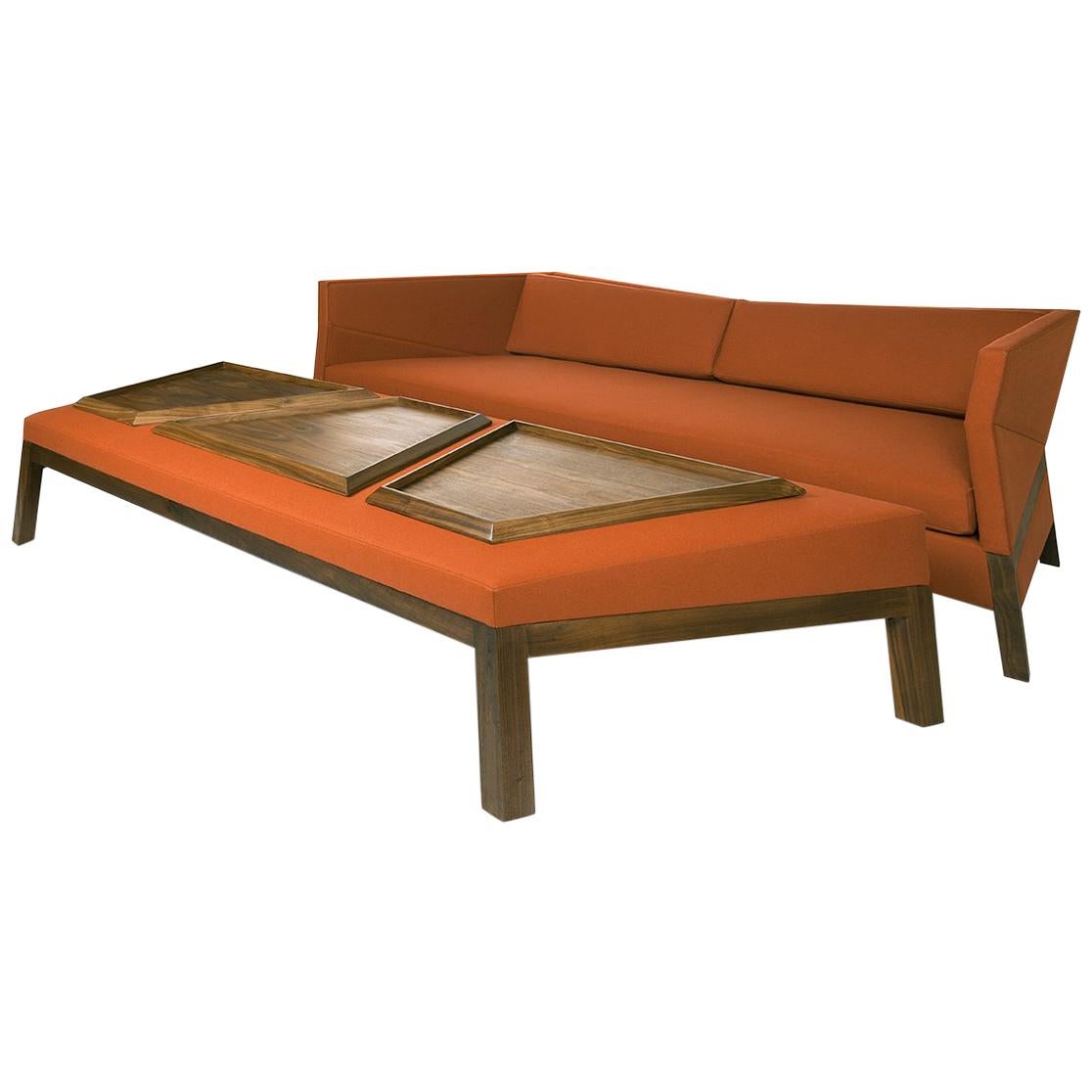 Bias Ottoman & Trays 2 Match Sofa, Faceted Upholstered Sofa Table, Walnut Frame For Sale