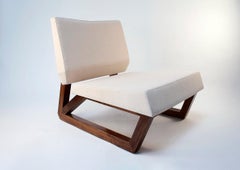 Bias Sled Slipper Chair, Contemporary Faceted Lounge Chair, Walnut, White Fabric