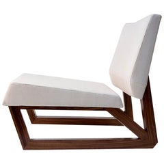 Bias Sled Slipper Chair, Contemporary Faceted Lounge Chair, Walnut, White Fabric