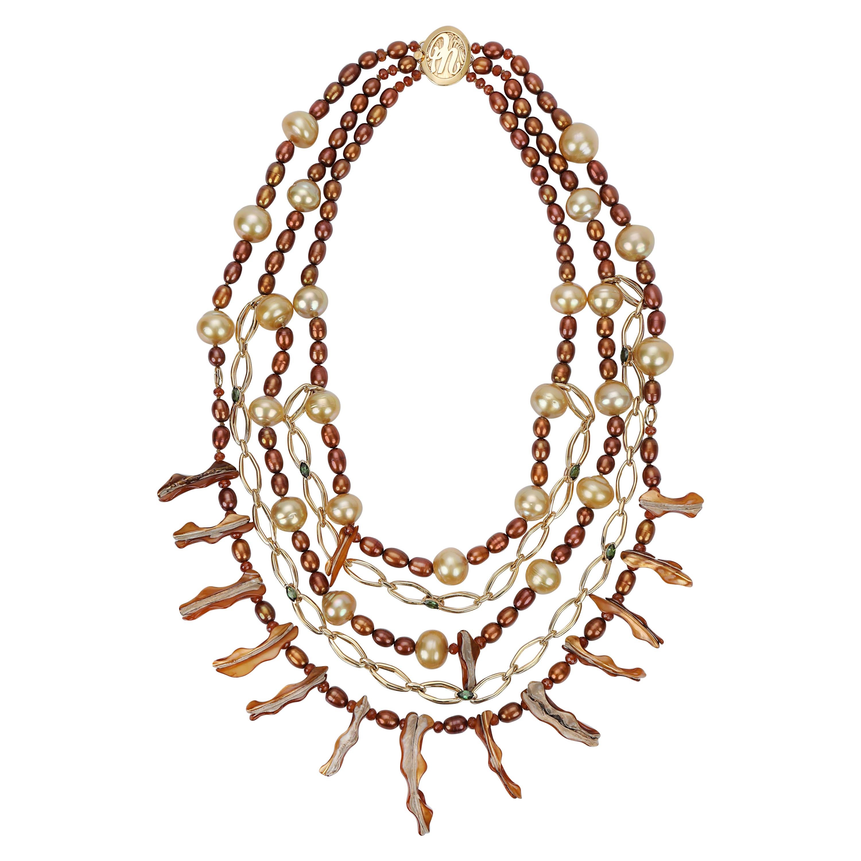 A Pearl, Spessartite Garnet, Tourmaline, and Gold Bib Necklace For Sale