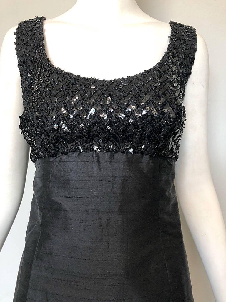 Biba 1960s Black Silk Shantung Sequined Bell Shape Vintage 60s Evening