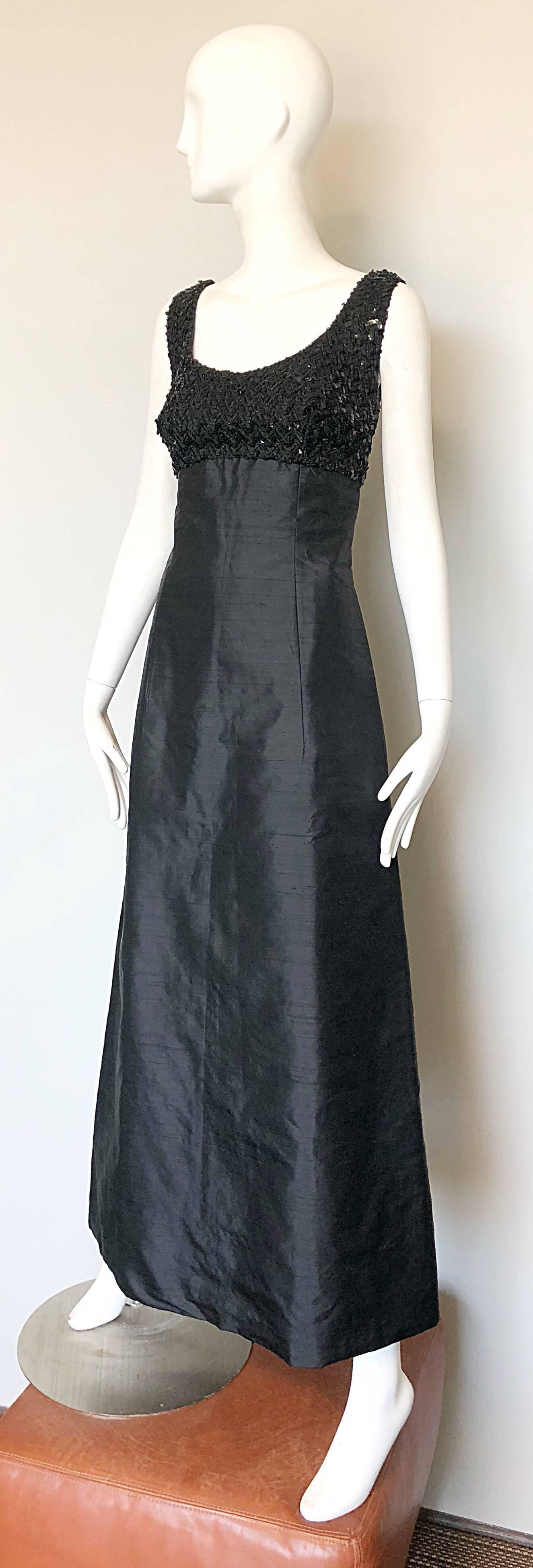 Biba 1960s Black Silk Shantung Sequined Bell Shape Vintage 60s Evening Gown In Excellent Condition In San Diego, CA