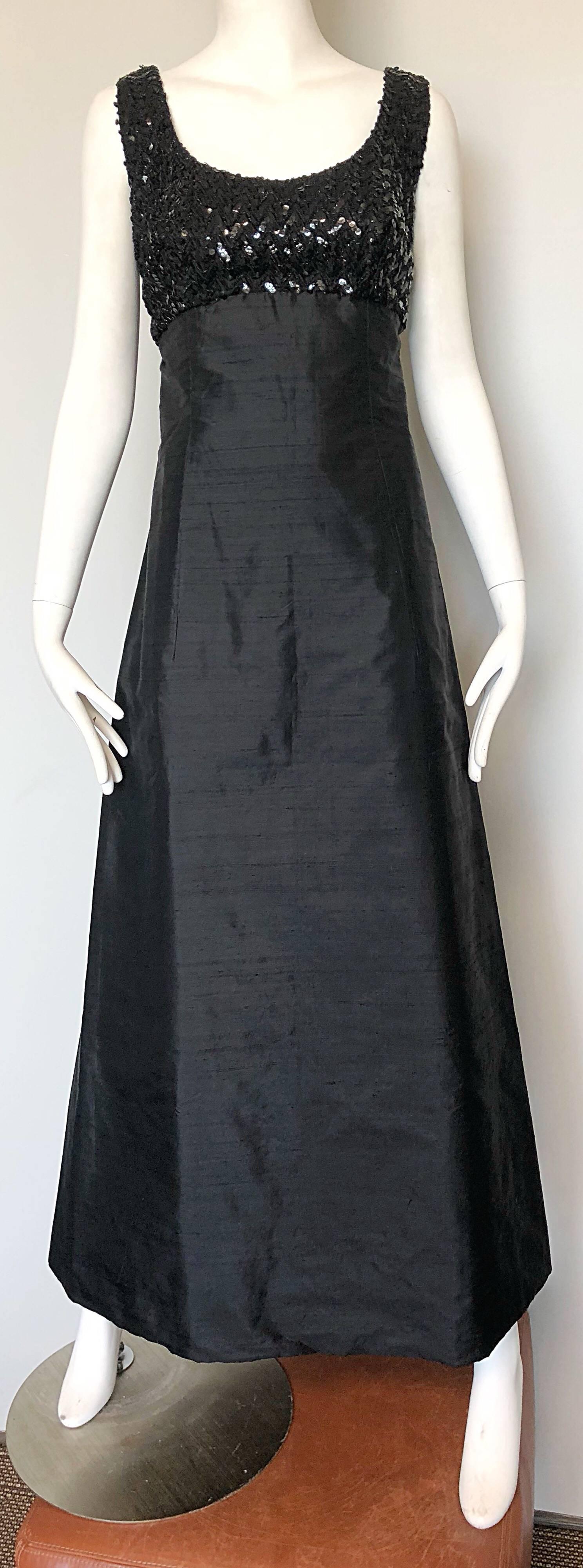 Women's Biba 1960s Black Silk Shantung Sequined Bell Shape Vintage 60s Evening Gown