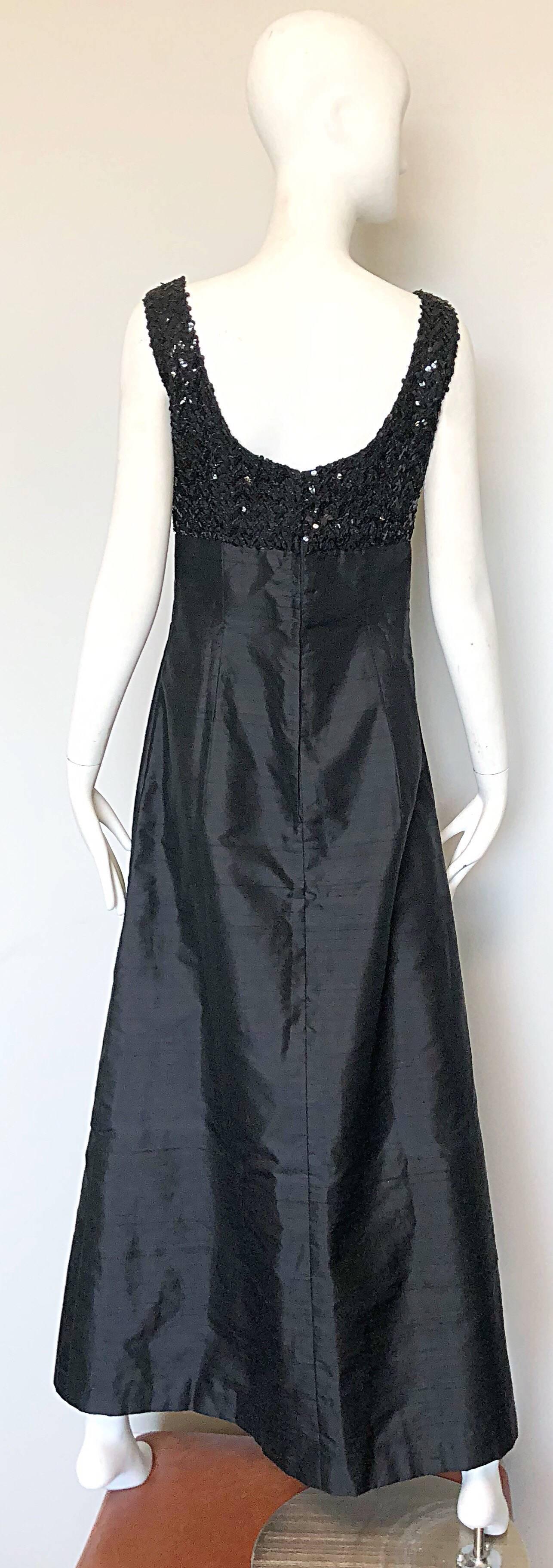 Biba 1960s Black Silk Shantung Sequined Bell Shape Vintage 60s Evening Gown 1