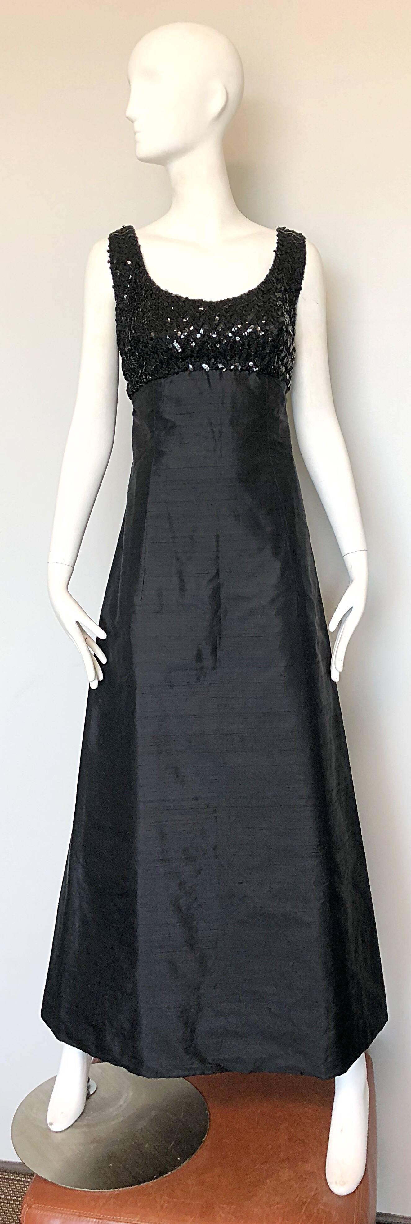 Biba 1960s Black Silk Shantung Sequined Bell Shape Vintage 60s Evening Gown 2
