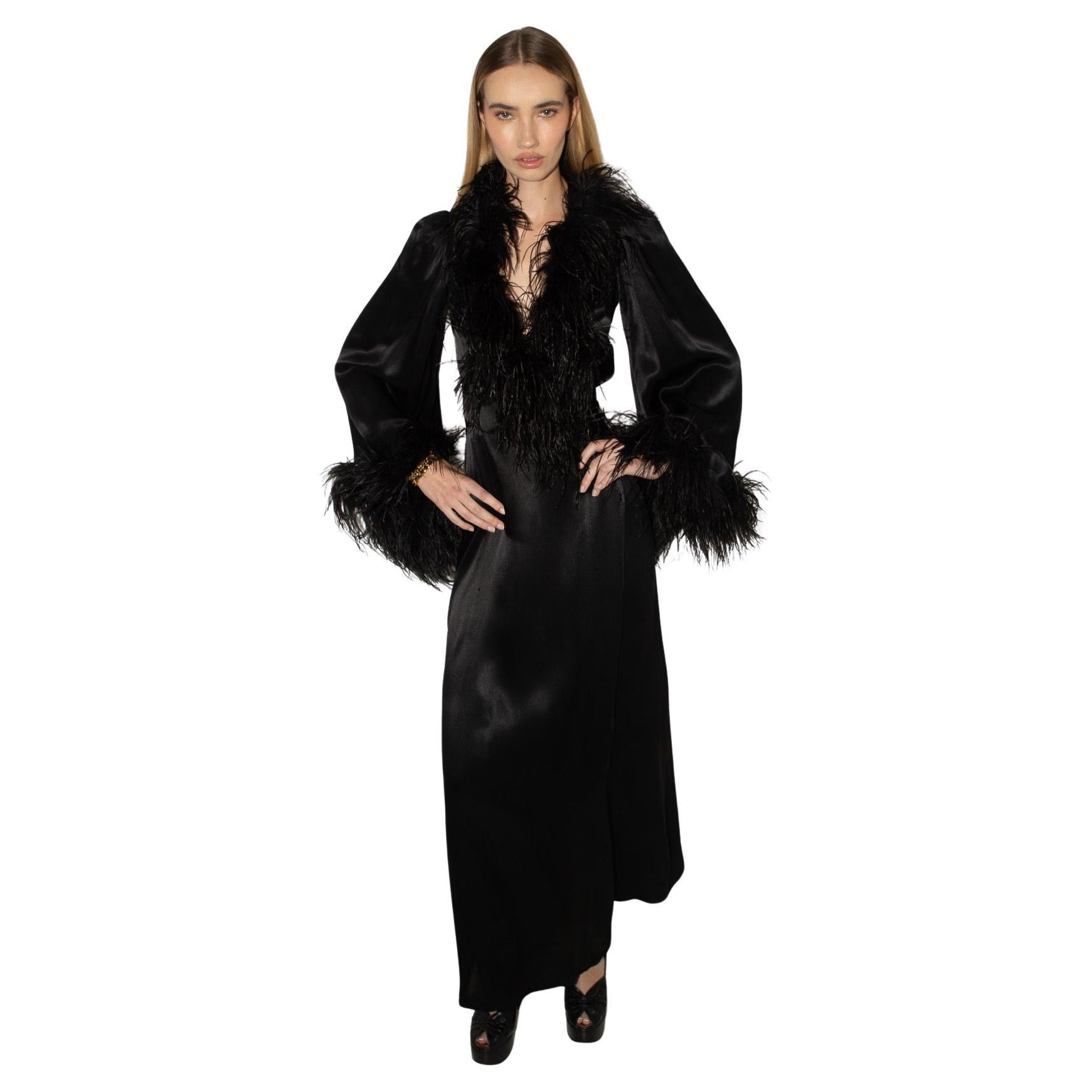 Biba 70
s Liquid Satin
Marabou Feather Maxi Wrap Gown Robe