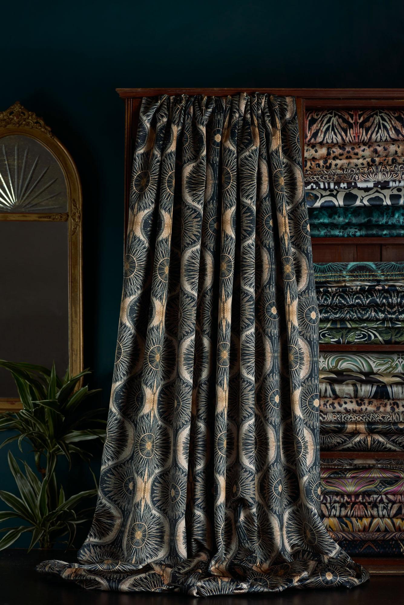 This is our most popular design – a linoprint transformed into a flowing pattern in black and soft gold tones. The metallic element of the original print transfers well on to this velvet giving a soft sheen.

This velvet is midweight, with a strong