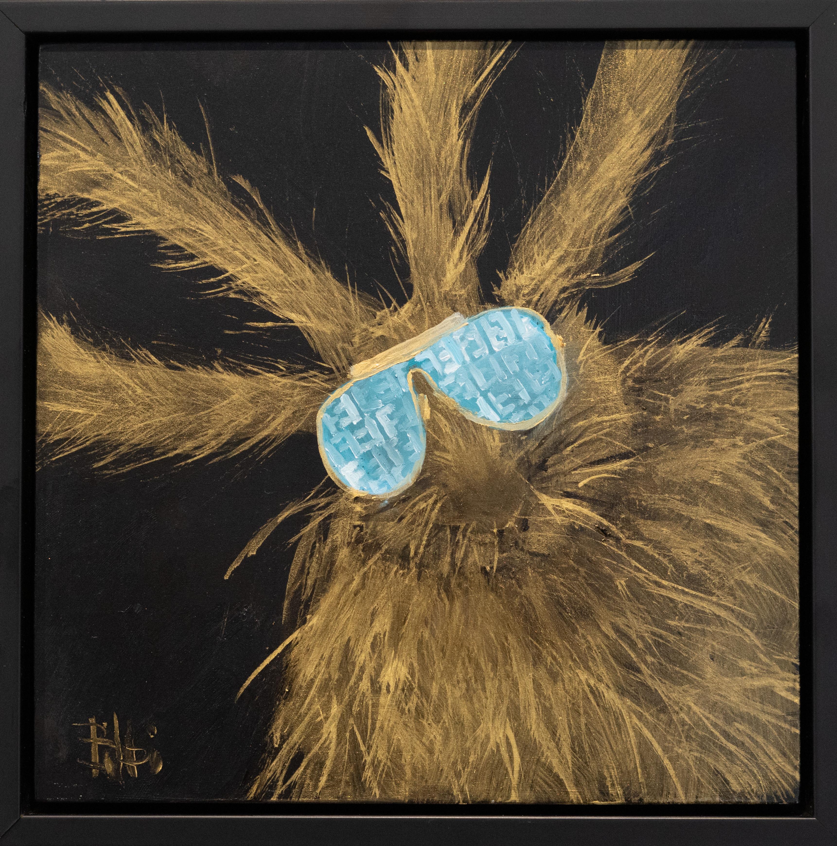 Golden Hare with Coco Chanel Sunglasses  10x10  Contemporary Art  Framed  - Painting by Bibbi Anderson