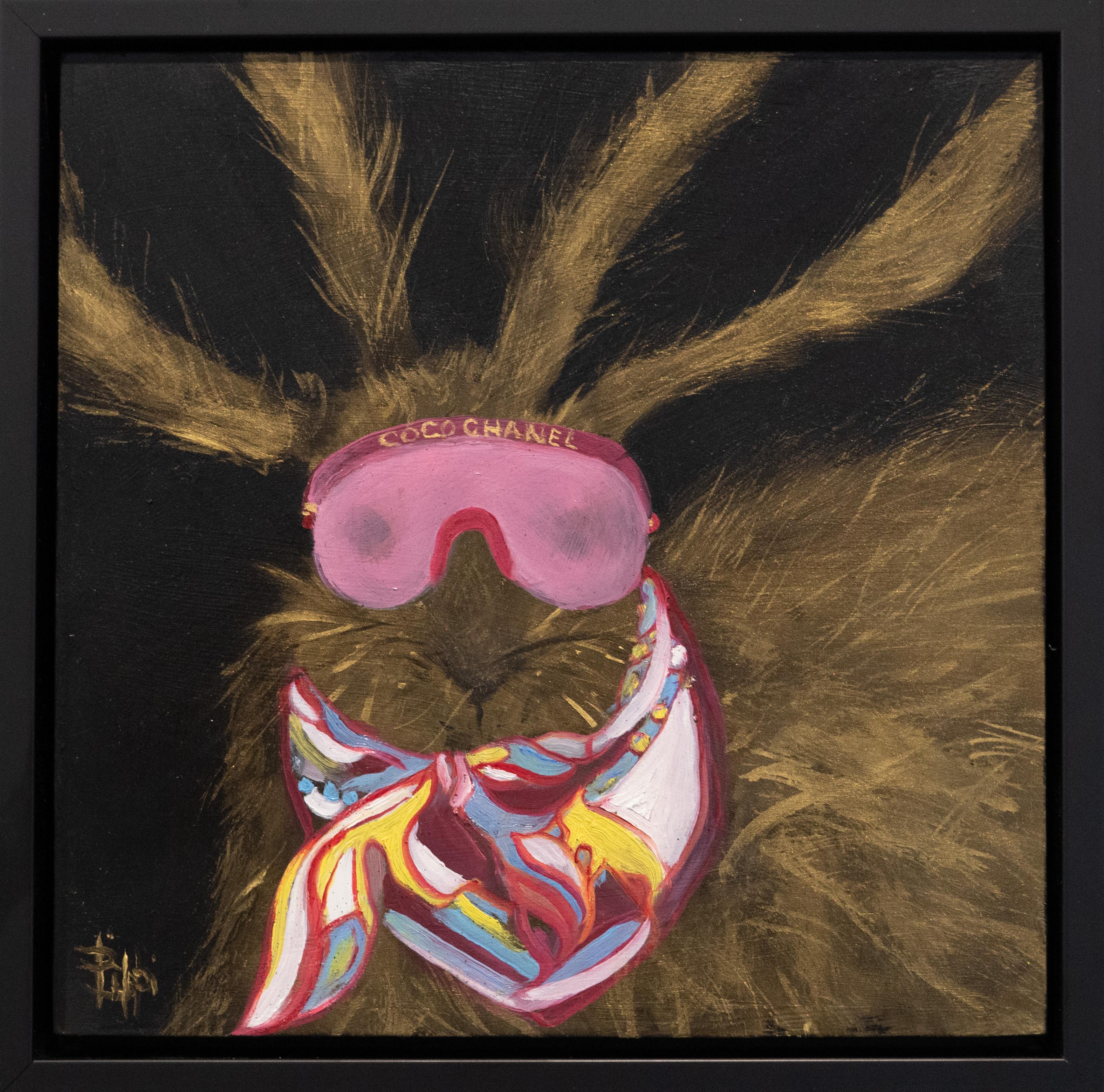 Bibbi Anderson Animal Painting - Golden Hare with Coco Chanel Sunglasses  10x10  Contemporary Art  Framed 
