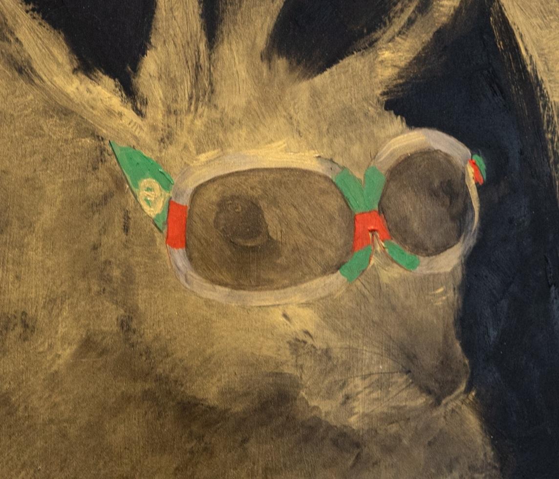 Lepre d'oro con occhiali da sole Gucci Red & Greene  10x10  Arte contemporanea  Incorniciato - Painting Contemporaneo di Bibbi Anderson