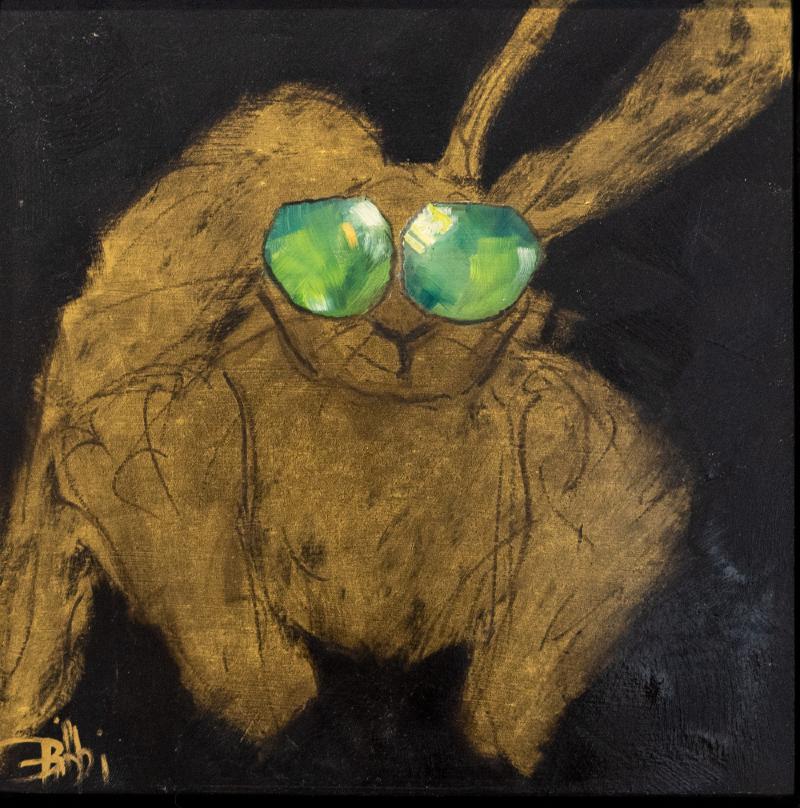 Golden Hares with Ray Ban Sunglasses By Bibbi Anderson Oil on canvas with gold leaf.
 