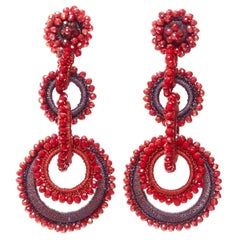 BIBI MARINI red fabric beads applique multi hoop clip on earrings pair