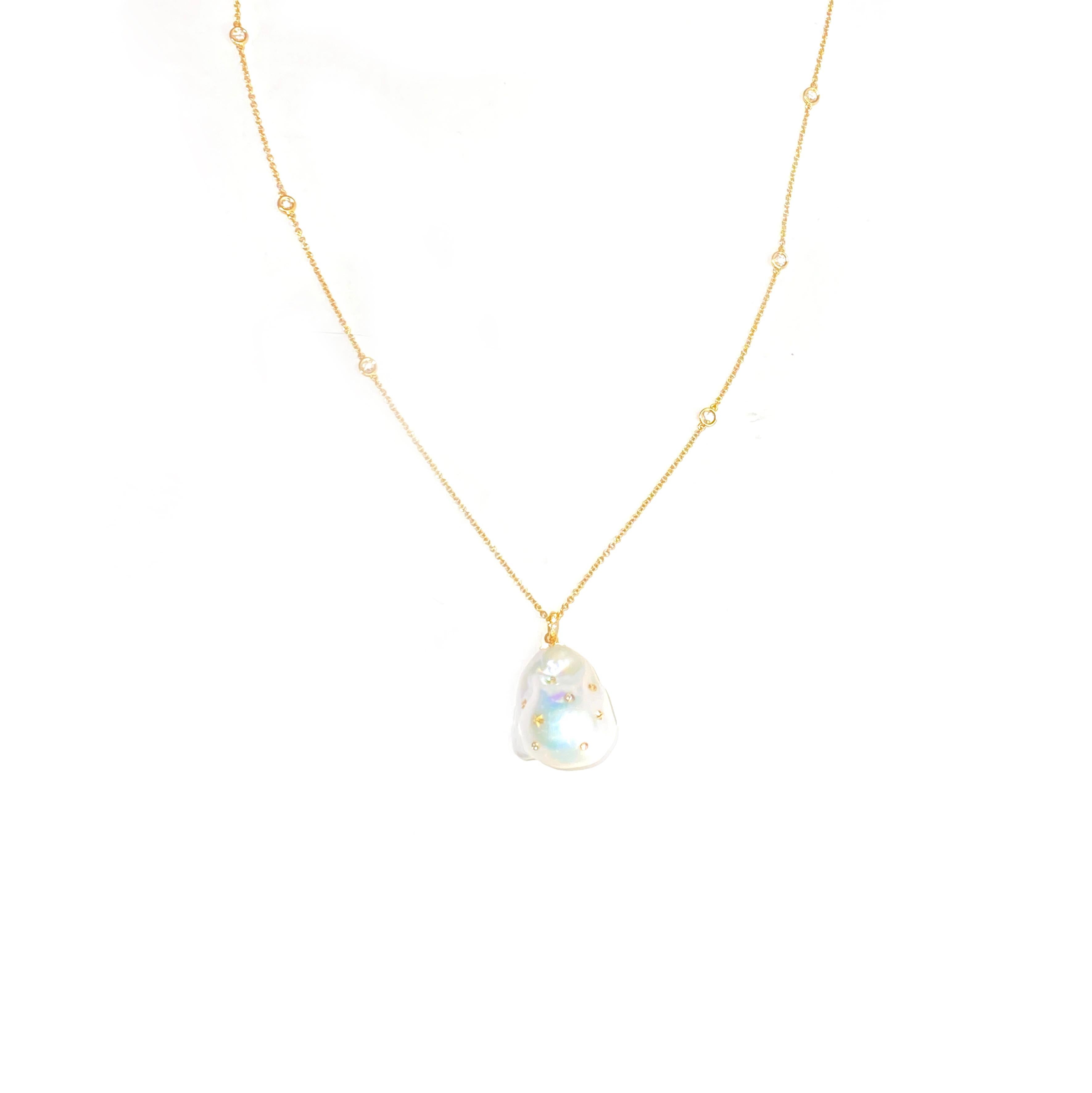 Modern Bibi Van Der Velden Baroque Pearl Necklace in 18k Gold with Diamonds For Sale